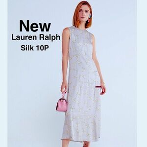 New Lauren Ralph 100% Silk Floral Maxi Dress 10P Marthas Vineyard PaleSkyblue⭐️